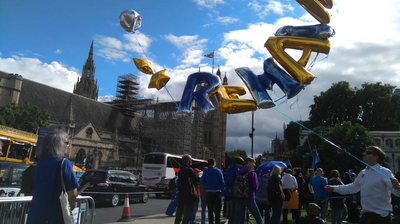 Balloons spell out REMAIN